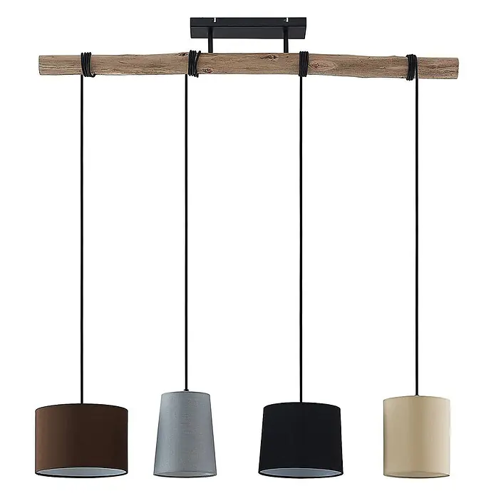 Lindby Pendelleuchte Amilia - Multicolour, Holz natur, Schwarz, grau, beige, braun, E27 - Hängeleuchte mit vier Lichtern, Naturholzbalken und vier Stofflampenschirmen in verschiedenen neutralen Farben an schwarzen Kabeln.