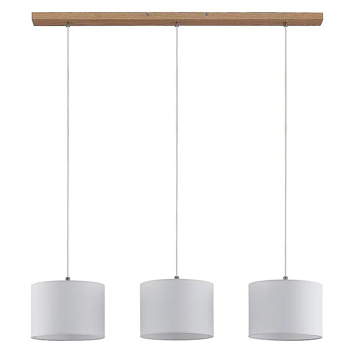 Lindby Pendelleuchte Imarin - L x B x H: 100 x 25 x 18 cm, weiß / opal, Holz hell, weiß, E27 - Dreiflammige Pendelleuchte mit Holzleiste und drei weißen zylindrischen Stoffschirmen, an Kabeln aufgehängt.
