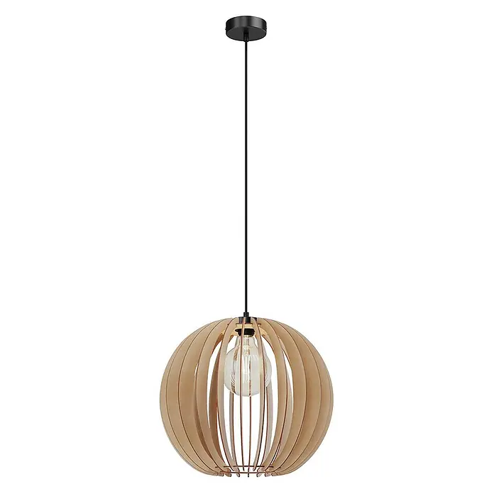 Envostar Pendelleuchte Clay - L x B x H: 40 x 40 x 150 cm, Holz hell, Schwarz, holz hell, E27 - Schwarze Pendelleuchte mit kugelförmigem Holzlamellenschirm und freiliegender Glühbirne.