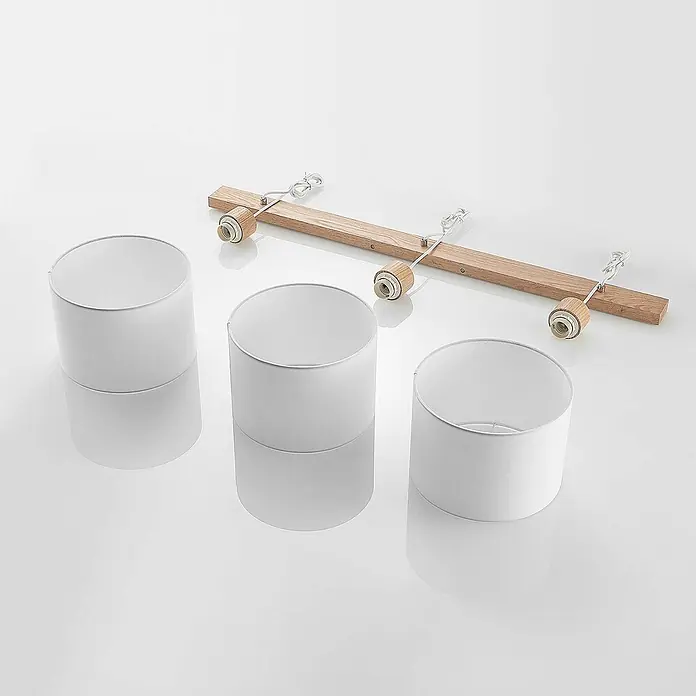Lindby Pendelleuchte Imarin - L x B x H: 100 x 25 x 18 cm, weiß / opal, Holz hell, weiß, E27 - Dreiflammige Deckenleuchte aus Naturholz mit drei Holzfassungen und drei separaten zylindrischen weißen Lampenschirmen.