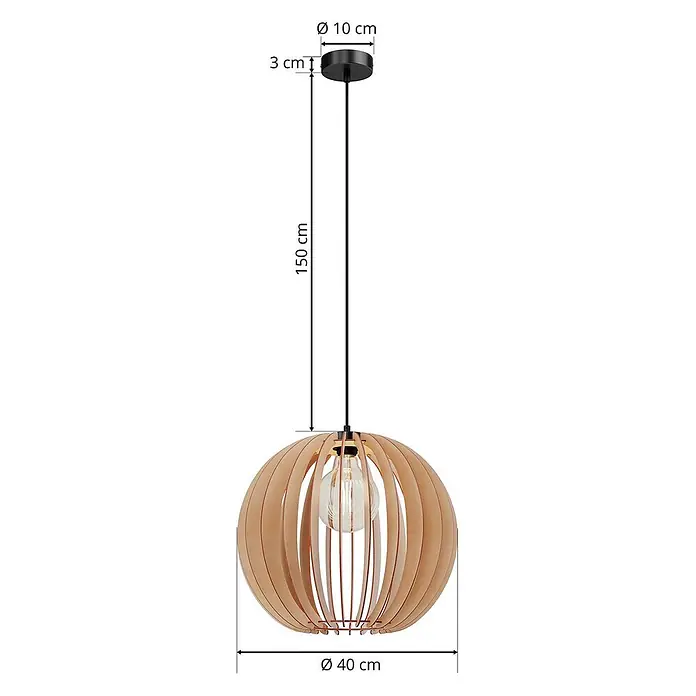 Envostar Pendelleuchte Clay - L x B x H: 40 x 40 x 150 cm, Holz hell, Schwarz, holz hell, E27 - Hängelampe aus Holzlamellen, 40 cm Schirmdurchmesser, 150 cm Gesamthöhe, schwarze Deckenrosette.
