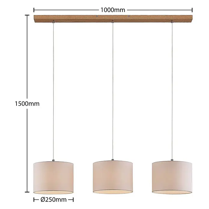 Lindby Pendelleuchte Imarin - L x B x H: 100 x 25 x 18 cm, weiß / opal, Holz hell, weiß, E27 - Dreiflammige Pendelleuchte mit 1000mm Holzleiste, 1500mm Gesamthöhe und drei hellen Stoffschirmen, je 250mm Durchmesser.