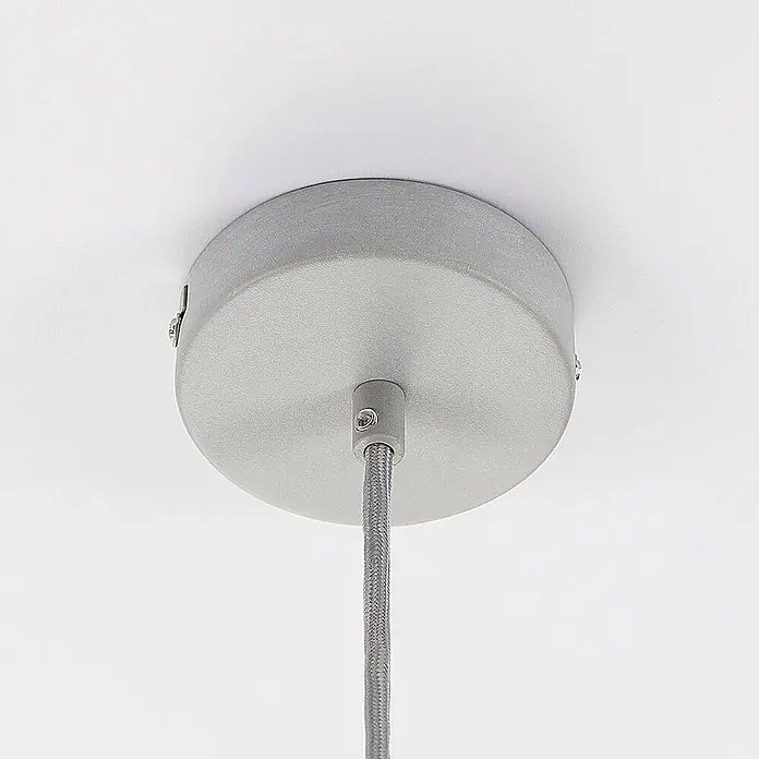 Lindby Pendelleuchte Morton - alu / grau / zink, betongrau, E27 - Graue Deckenrosette mit geflochtenem Kabel für eine Pendelleuchte.