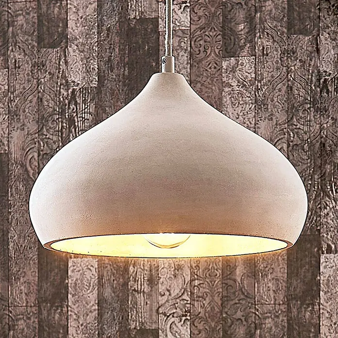 Lindby Pendelleuchte Morton - alu / grau / zink, betongrau, E27 - Hellgraue Pendelleuchte in Betonoptik mit glockenförmigem Schirm, spendet warmes Abwärtslicht.