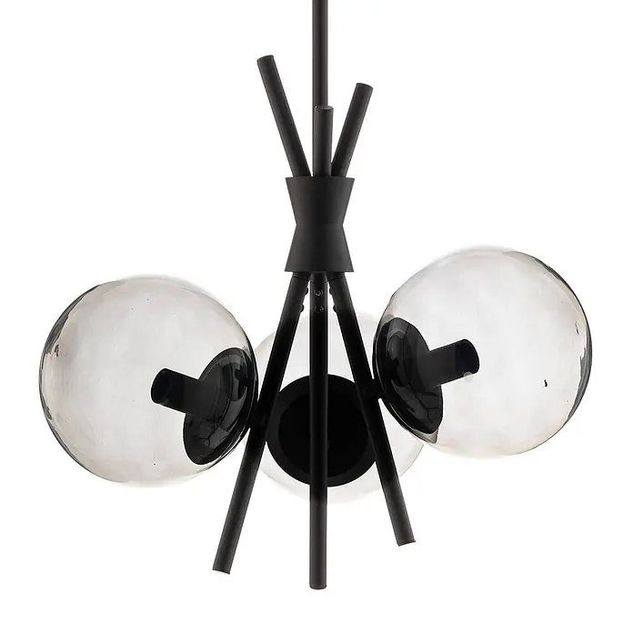 Lucande Pendelleuchte Sotiana - alu / grau / zink, rauchgrau, Schwarz, E14 - Moderner Kronleuchter aus schwarzem Metall mit drei Rauchglas-Kugelgläsern.