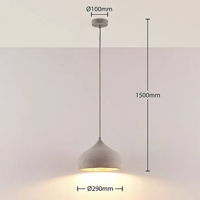 Lindby Pendelleuchte Morton - alu / grau / zink, betongrau, E27 - Graue, glockenförmige Pendelleuchte in Betonoptik, Ø290mm, 1500mm lang, strahlt warmes Licht aus.