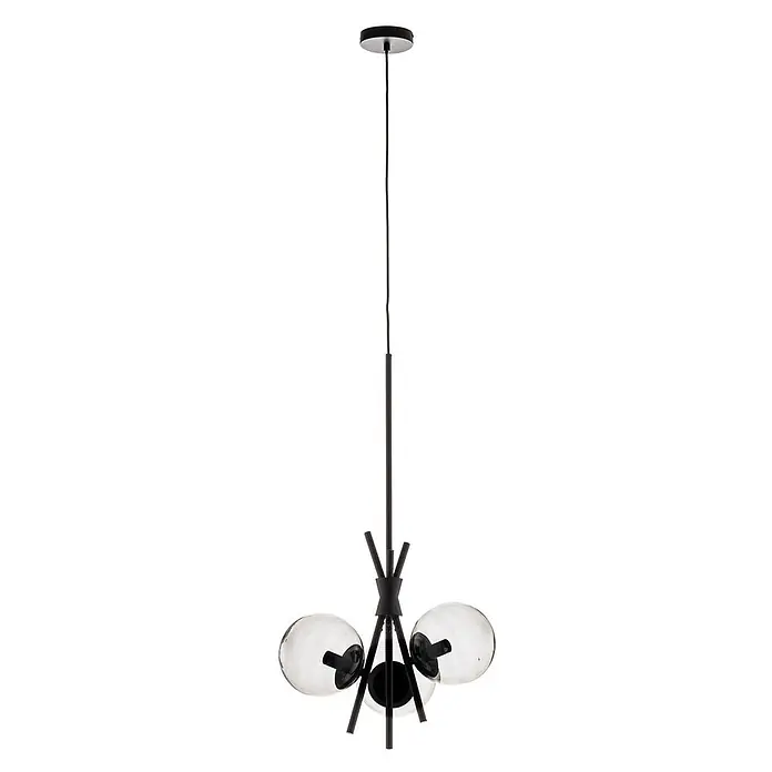 Lucande Pendelleuchte Sotiana - alu / grau / zink, rauchgrau, Schwarz, E14 - Moderne schwarze Metall-Pendelleuchte mit drei klaren Glaskugeln.