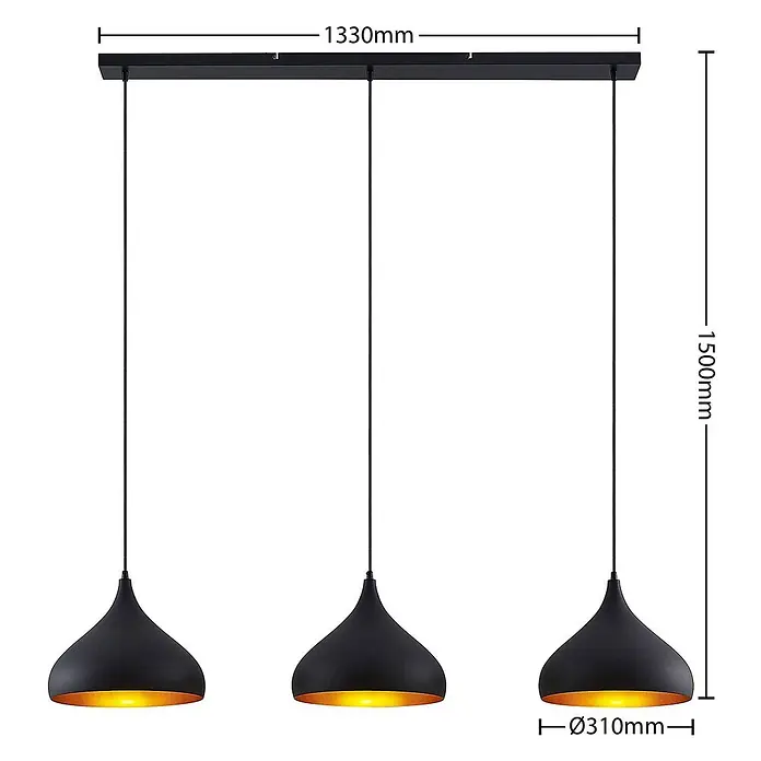 Lindby Pendelleuchte Elamira - L x B x H: 133 x 31 x 150 cm, schwarz, Schwarz, gold, E27 - Schwarze Dreifach-Pendelleuchte mit goldfarbener Innenseite, aufgehängt an einer rechteckigen Stange.