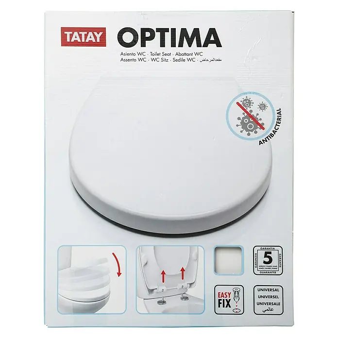 Tatay Tapa de WC Optima - Plástico, Blanco, Con caída amortiguada - Embalaje del asiento de inodoro Tatay Optima con recubrimiento antibacteriano y fácil fijación para inodoros universales.