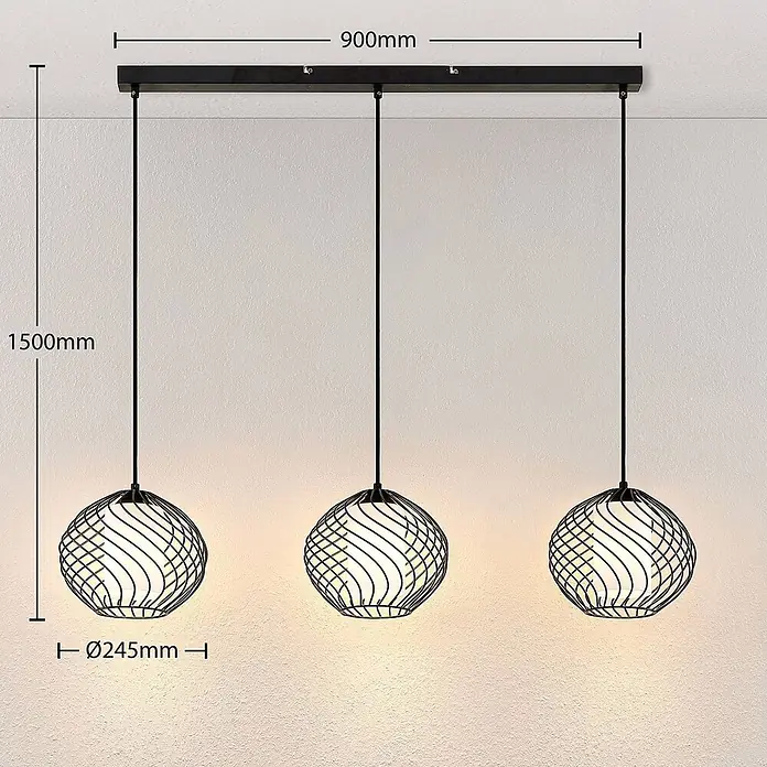 Lindby Pendelleuchte Cedrice - L x B x H: 108 x 25 x 21 cm, schwarz, Schwarz, weiß, E27 - Schwarze 3-flammige Pendelleuchte mit Spiral-Käfigschirmen. Gesamtlänge 900mm, max. Abhängung 1500mm, Schirm Ø245mm.
