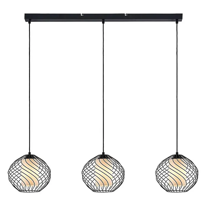 Lindby Pendelleuchte Cedrice - L x B x H: 108 x 25 x 21 cm, schwarz, Schwarz, weiß, E27 - Dreiflammige Pendelleuchte mit schwarzem Balken, schwarzen Kabeln und kugelförmigen schwarzen Drahtkäfigen mit hellen Innenschirmen.