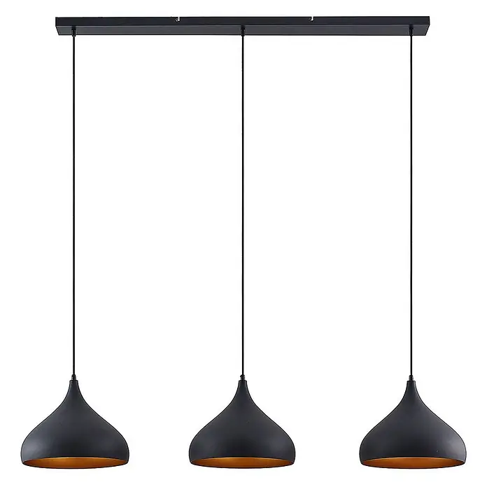 Lindby Pendelleuchte Elamira - L x B x H: 133 x 31 x 150 cm, schwarz, Schwarz, gold, E27 - Dreiflammige Pendelleuchte aus schwarzem Metall mit goldfarbenen Innenseiten, von einer rechteckigen Stange abgehängt.