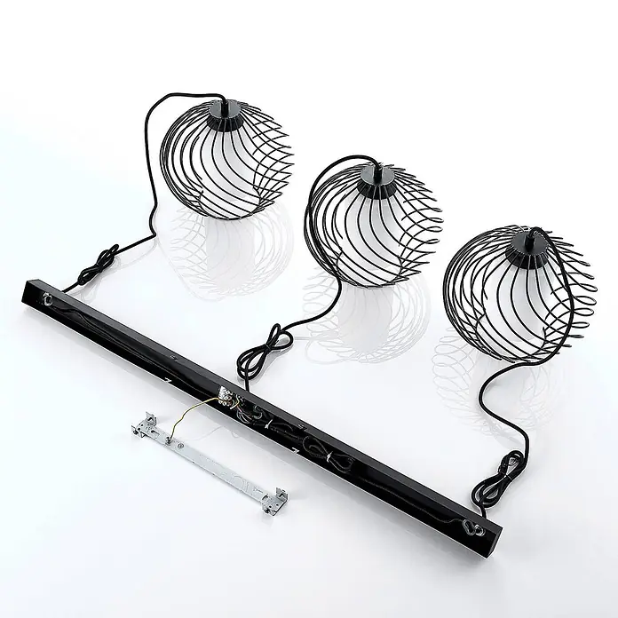 Lindby Pendelleuchte Cedrice - L x B x H: 108 x 25 x 21 cm, schwarz, Schwarz, weiß, E27 - Dreiflammige Schienenleuchte mit schwarzen Metallkäfigschirmen und weißen Kugellampen, Verkabelung sichtbar.