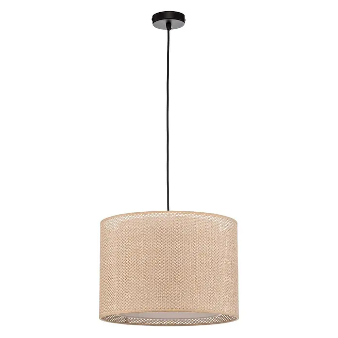 Lindby Esstisch Pendelleuchte Ø 40 cm, Hängelampe Esstisch Textil -  - Hängelampe mit schwarzer Deckenrosette und Kabel, zylindrischer Lampenschirm aus beigem, gewebtem Naturmaterial.