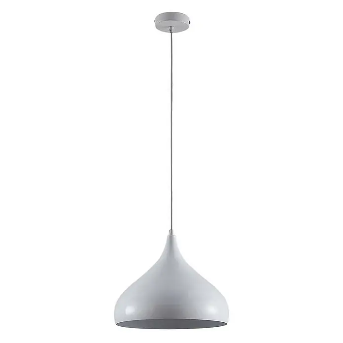 Lindby Pendelleuchte Ritana - weiß / opal, weiß, E27 - Weiße, glockenförmige Metall-Pendelleuchte mit grauem Innenraum und Deckenrosette.