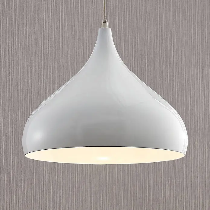 Lindby Pendelleuchte Ritana - weiß / opal, weiß, E27 - Weiß glänzende glockenförmige Pendelleuchte, leuchtend aus ihrer Öffnung.