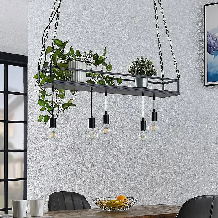Lindby Pendelleuchte Kirista - L x B x H: 100 x 20 x 15 cm, Schwarz, E27 - Schwarze Metall-Hängeleuchte mit rechteckigem Rahmen, Ablage für Pflanzen und fünf sichtbaren Glühlampen.