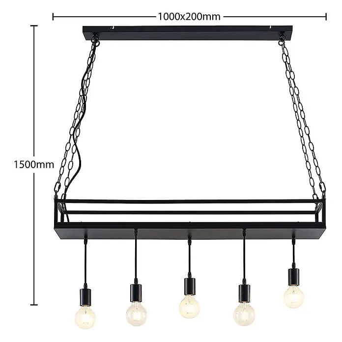 Lindby Pendelleuchte Kirista - L x B x H: 100 x 20 x 15 cm, Schwarz, E27 - Schwarze Metall-Hängelampe mit 5 Glühbirnen, an Ketten aufgehängt. Maße 1000x200mm, Gesamthöhe 1500mm.