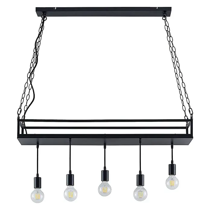 Lindby Pendelleuchte Kirista - L x B x H: 100 x 20 x 15 cm, Schwarz, E27 - Schwarze Metall-Deckenleuchte mit rechteckigem Rahmen, Ketten und fünf sichtbaren Glühbirnen.