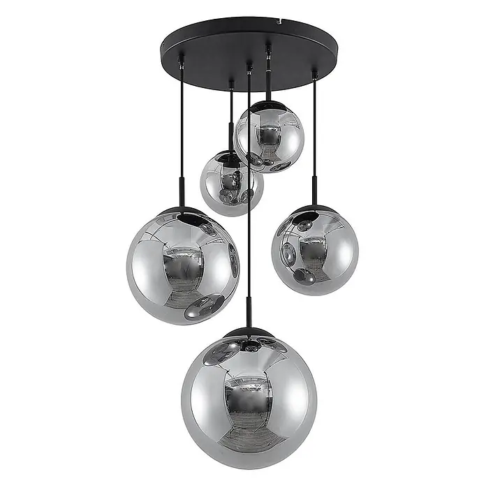 Lindby Pendelleuchte Teeja - L x B x H: 50 x 50 x 30 cm, alu / grau / zink, rauchgrau, Schwarz, E27 - Schwarze Hängeleuchte mit fünf silber verspiegelten Glaskugelschirmen.
