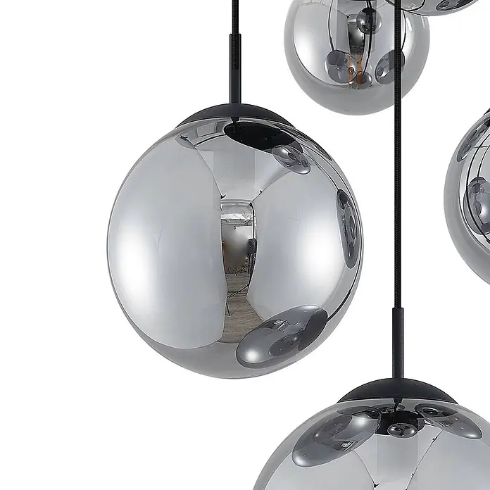 Lindby Pendelleuchte Teeja - L x B x H: 50 x 50 x 30 cm, alu / grau / zink, rauchgrau, Schwarz, E27 - Mehrflammige Pendelleuchte mit glänzenden, grauen, kugelförmigen Chromschirmen. Moderne Deckenleuchte.
