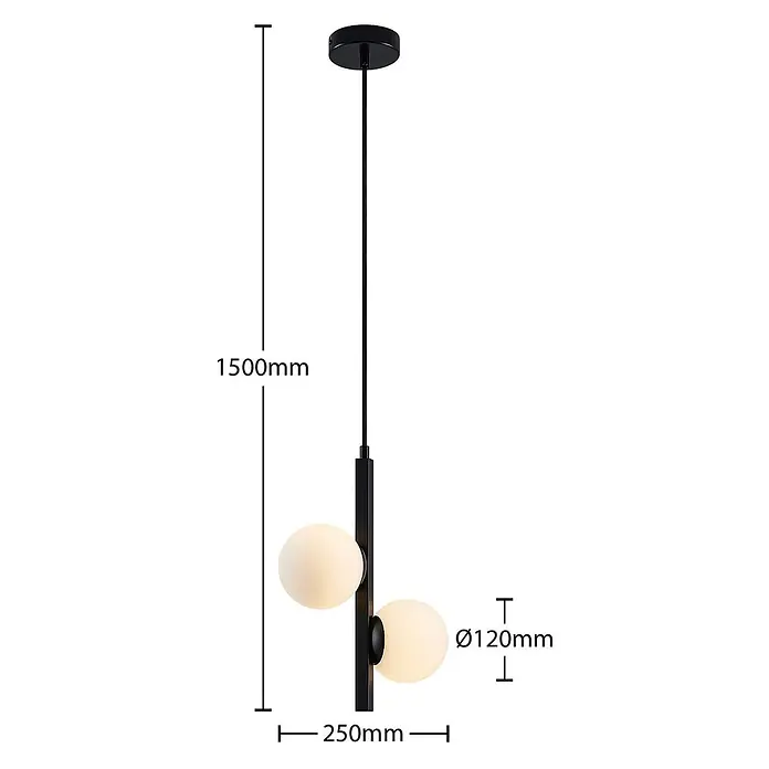 Lucande Pendelleuchte Emarin - L x B x H: 25 x 12 x 36,5 cm, Schwarz, opalweiß, G9 - Schwarze Pendelleuchte mit zwei mattweißen Kugeldiffusoren, Maße: 1500mm Höhe, 250mm Breite, 120mm Kugeldurchmesser.