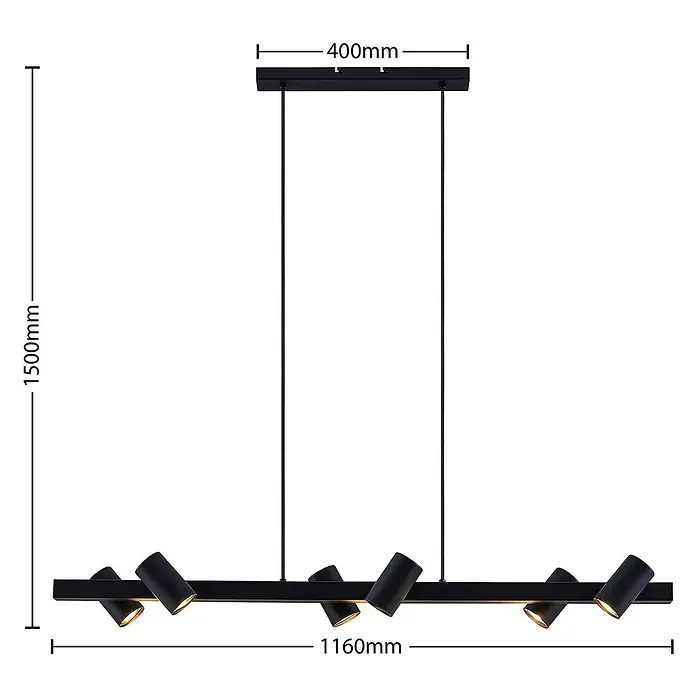 Lindby Pendelleuchte Savoli - L x B x H: 116 x 20,1 x 10,5 cm, schwarz, Schwarz, GU10 - Schwarze lineare Pendelleuchte mit verstellbaren Strahlern, 1160 mm lang, von 400 mm Deckenplatte abgehängt.