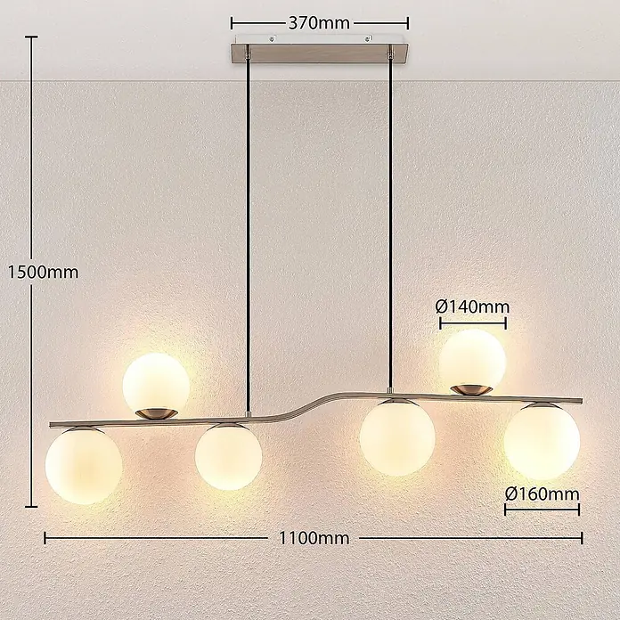Lindby Pendelleuchte Avalyn - L x B x H: 110 x 16 x 32 cm, weiß, nickel satiniert, E14 - Sechsflammige Pendelleuchte mit opalenen Glaskugeln an einer gewellten Metallstange, aufgehängt an einem rechteckigen Deckenbaldachin.