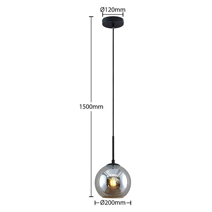 Lindby Pendelleuchte Jurian - L x B x H: 20 x 20 x 17,5 cm, alu / grau / zink, sandSchwarz, rauchgrau, E27 - Schwarze Pendelleuchte mit kugelförmigem, grauem Glasschirm, 1500mm Gesamtlänge.