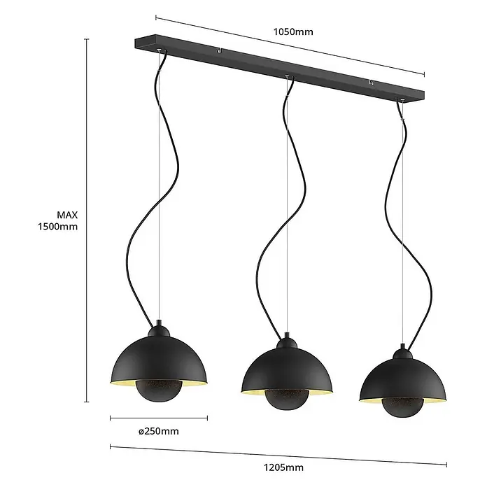 Lindby Pendelleuchte Gretja - L x B x H: 120,5 x 25 x 150 cm, schwarz, Schwarz, gold, E27 - Dreiflammige schwarze Pendelleuchte mit Kuppelschirmen und schwarzer Schiene, mit Maßen.