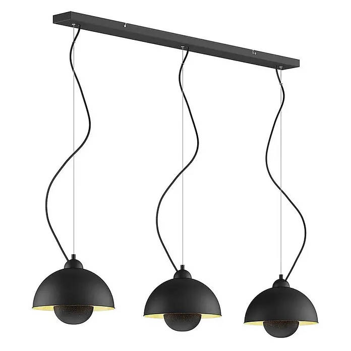 Lindby Pendelleuchte Gretja - L x B x H: 120,5 x 25 x 150 cm, schwarz, Schwarz, gold, E27 - Schwarze Dreifach-Pendelleuchte mit kuppelförmigen Schirmen und goldenen Innenseiten, aufgehängt an einer linearen Aufhängung.