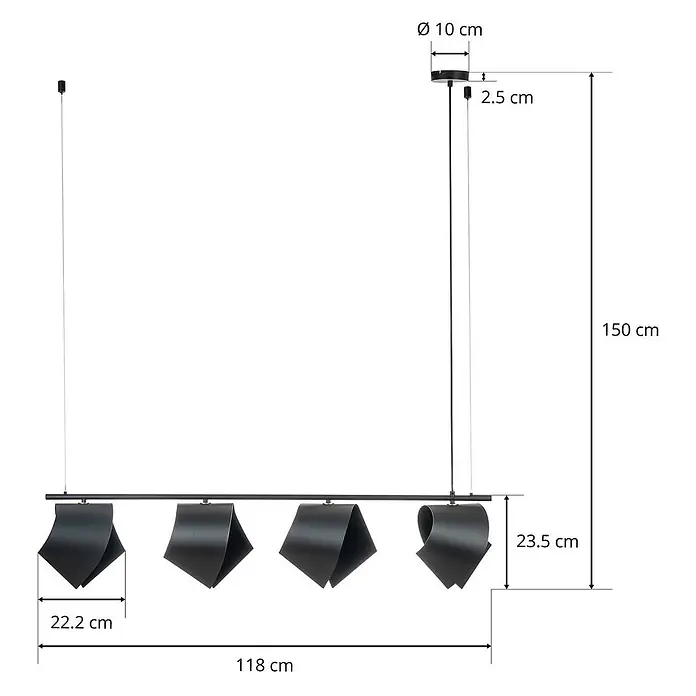 Lucande Pendelleuchte Mikolay - L x B x H: 118,5 x 22,2 x 23,5 cm, schwarz, sandSchwarz, E14 - Moderne schwarze Metall-Pendelleuchte mit vier einzigartigen, geschwungenen Schirmen.