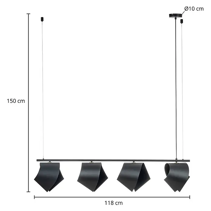 Lucande Pendelleuchte Mikolay - L x B x H: 118,5 x 22,2 x 23,5 cm, schwarz, sandSchwarz, E14 - Mattschwarze Metall-Pendelleuchte mit vier wellenförmigen Schirmen, 150 cm hoch, 118 cm lang.