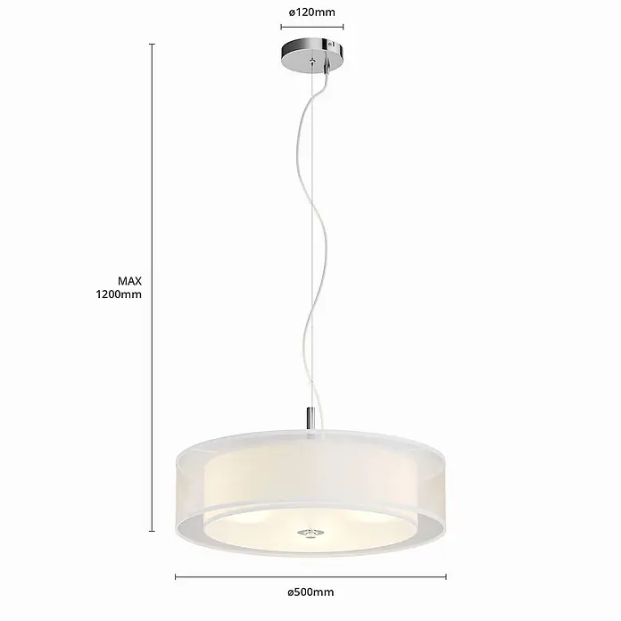 Lindby Pendelleuchte Pikka - L x B x H: 50 x 50 x 13 cm, weiß / opal, weiß, chrom, E27 - Weiße Stoff-Pendelleuchte mit Chrom-Baldachin, max. 1200mm Höhe, 500mm Durchmesser.