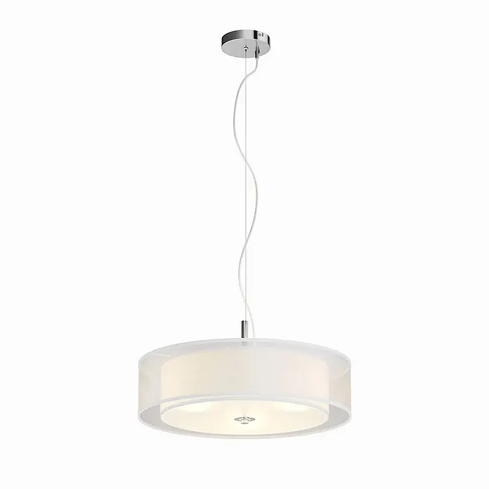 Lindby Pendelleuchte Pikka - L x B x H: 50 x 50 x 13 cm, weiß / opal, weiß, chrom, E27 - Weiße Stoff-Pendelleuchte in Trommelform mit Chromdetails.