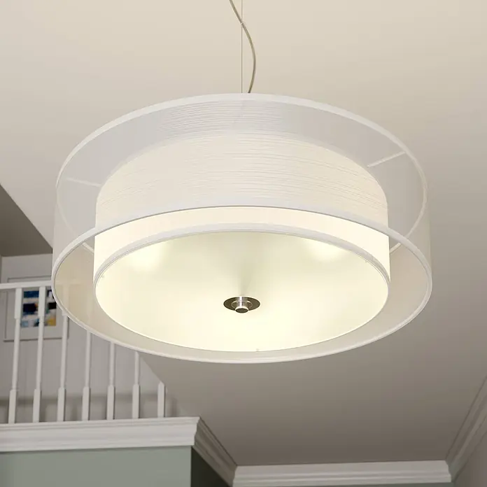 Lindby Pendelleuchte Pikka - L x B x H: 50 x 50 x 13 cm, weiß / opal, weiß, chrom, E27 - Weiße, geschichtete Trommel-Pendelleuchte hängt von der Decke und beleuchtet den Raum. Modernes Design.