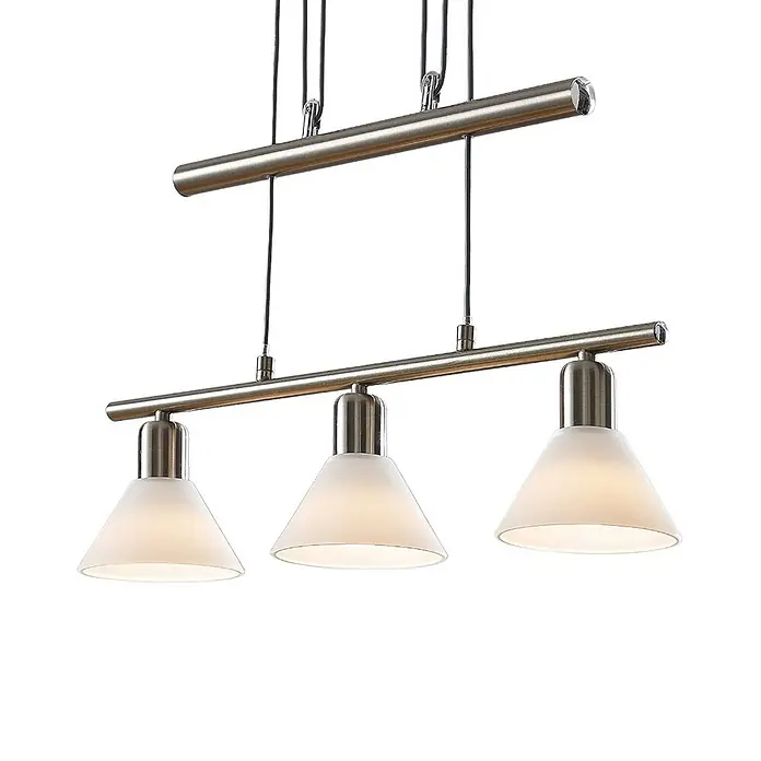 Lindby Pendelleuchte Delira - L x B x H: 54 x 12,5 x 14,5 cm, weiß, nickel satiniert, E14 - Gebürstete Nickel-Pendelleuchte mit drei mattierten, konischen Glasschirmen an einer Dreifachstange.
