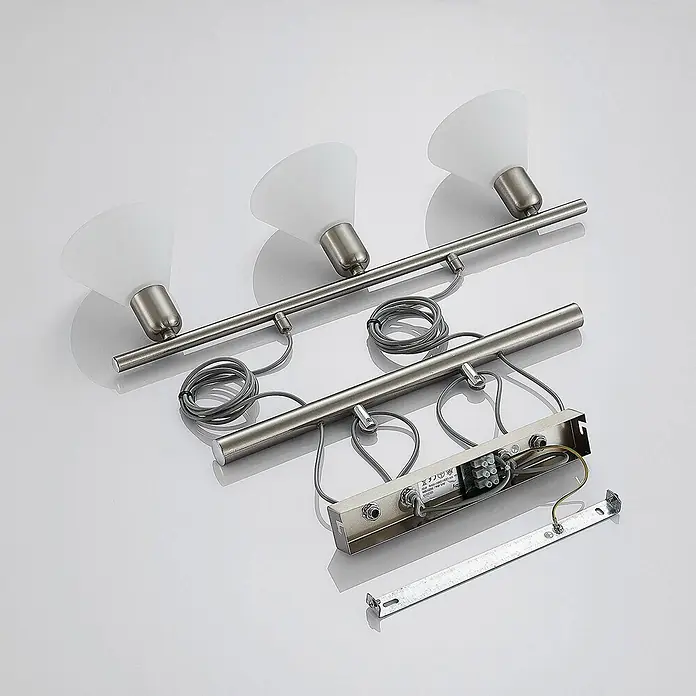 Lindby Pendelleuchte Delira - L x B x H: 54 x 12,5 x 14,5 cm, weiß, nickel satiniert, E14 - Zerlegte dreiflammige Deckenleuchte aus gebürstetem Metall mit mattierten Glasschirmen und Montagezubehör.