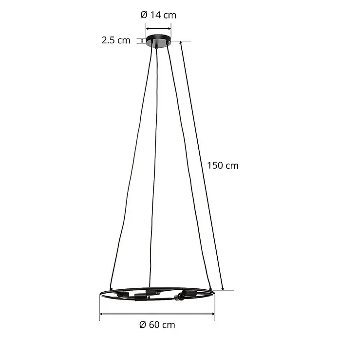 Lucande Pendelleuchte Linnard - L x B x H: 60 x 60 x 1,3 cm, Schwarz, E27 - Schwarze Metall-Hängeleuchte mit drei Kabeln und rundem Rahmen, 60 cm Durchmesser, 150 cm Höhe.