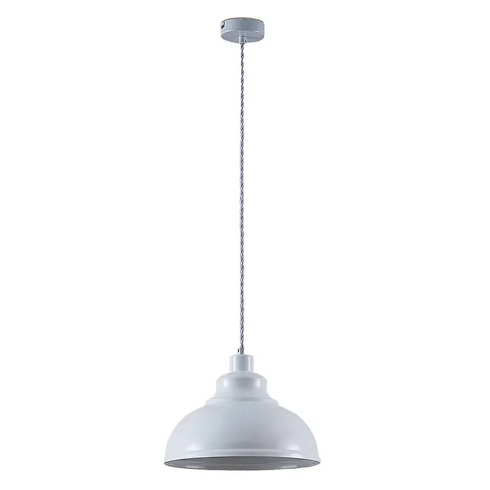 Lindby Pendelleuchte Albertine - L x B x H: 29 x 29 x 19,7 cm, weiß / opal, weiß, E27 - Weiße Kuppel-Pendelleuchte mit grauem Stoffkabel und Deckenrosette.