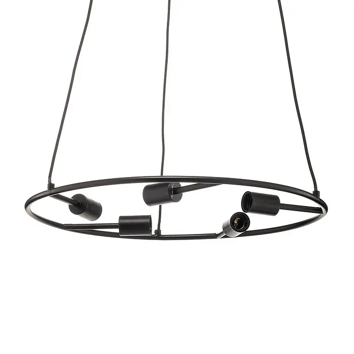 Lucande Pendelleuchte Linnard - L x B x H: 60 x 60 x 1,3 cm, Schwarz, E27 - Schwarzer Metall-Kronleuchterrahmen mit fünf sichtbaren Glühbirnenfassungen, an schwarzen Kabeln hängend.