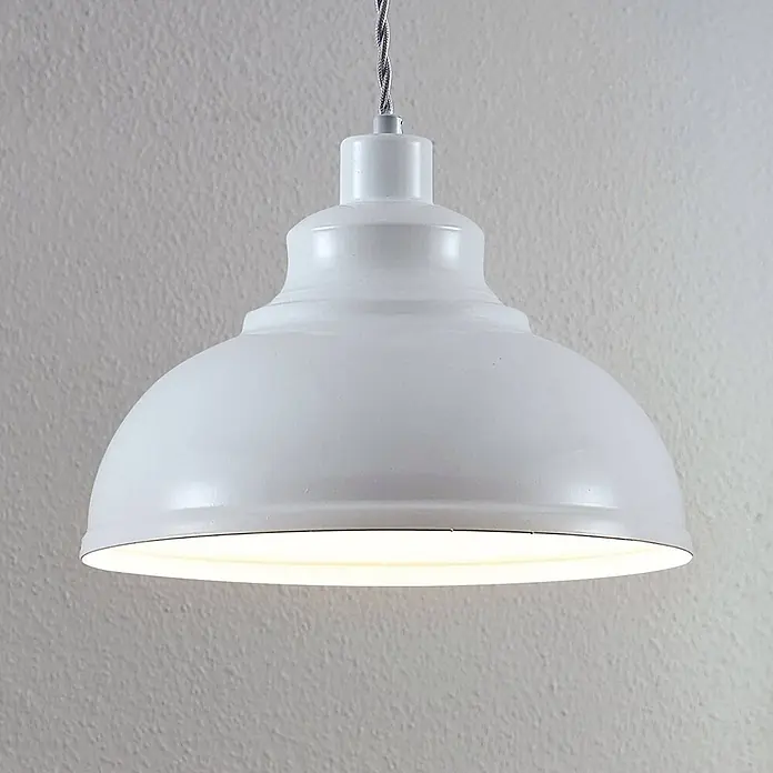 Lindby Pendelleuchte Albertine - L x B x H: 29 x 29 x 19,7 cm, weiß / opal, weiß, E27 - Weiße Metall-Hängeleuchte mit geflochtenem Kabel, beleuchtet.