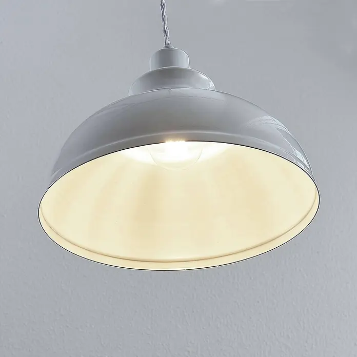 Lindby Pendelleuchte Albertine - L x B x H: 29 x 29 x 19,7 cm, weiß / opal, weiß, E27 - Weiße Pendelleuchte im Industriestil mit geflochtenem Kabel, die warmes Licht aus ihrem Metallschirm abgibt.