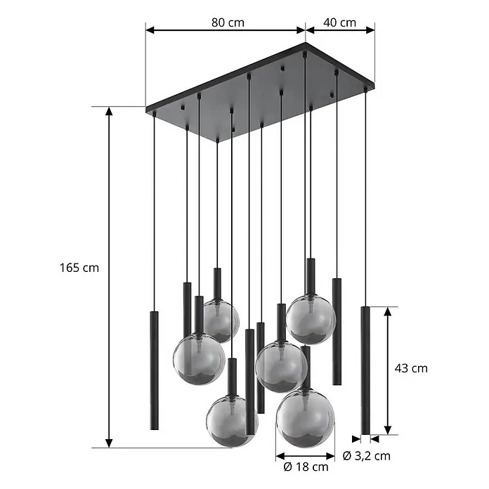Lucande Pendelleuchte Lumavia - L x B x H: 93 x 53 x 30 cm, schwarz, Schwarz, rauchgrau, G9 - Schwarze rechteckige Pendelleuchte mit 5 rauchgrauen Glaskugeln und 5 schwarzen Zylinderstäben in verschiedenen Höhen hängend.