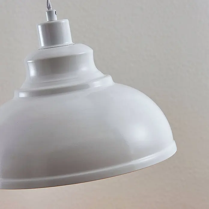 Lindby Pendelleuchte Albertine - L x B x H: 29 x 29 x 19,7 cm, weiß / opal, weiß, E27 - Hellgrauer glänzender Pendelleuchten-Schirm in dekorativer Glockenform, an einer grauen Kordel.