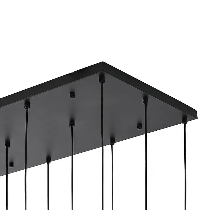 Lucande Pendelleuchte Lumavia - L x B x H: 93 x 53 x 30 cm, schwarz, Schwarz, rauchgrau, G9 - Rechteckige schwarze Deckenplatte einer Pendelleuchte mit mehreren herabhängenden schwarzen Kabeln.