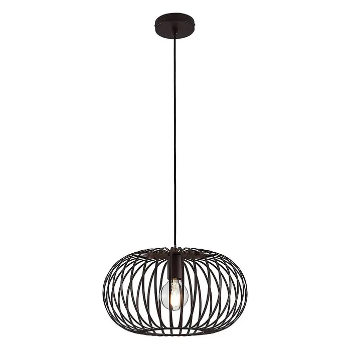 Lindby Pendelleuchte Nahele - braun / rost, kaffeebraun, E27 - Dunkelbraune Hängeleuchte mit Metallkäfig und freiliegender Glühbirne.