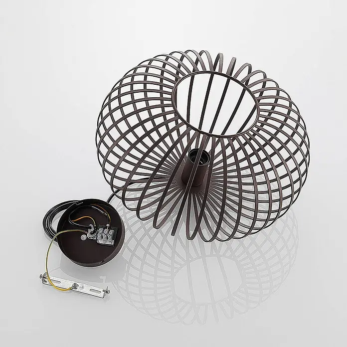 Lindby Pendelleuchte Nahele - braun / rost, kaffeebraun, E27 - Braune Metall-Käfig-Pendelleuchte mit sichtbarer Verkabelung und Montagehalterung.
