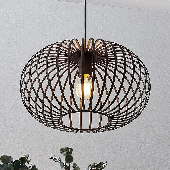 Lindby Pendelleuchte Nahele - braun / rost, kaffeebraun, E27 - Dunkelbraune ovale Hängelampe mit Gittergeflecht aus Metall und freiliegender Glühbirne.