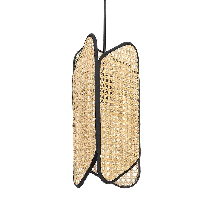 Lucande Pendelleuchte Bassiola - L x B x H: 100 x 19 x 37 cm, Holz hell, Schwarz, Holz hell, E27 - Pendelleuchtenschirm aus geflochtenem Rattan mit schwarzem Rand.